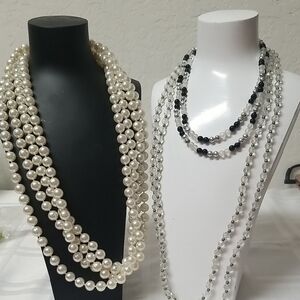 NECKLACES EX LONG, 1 Faux Pearl, 1 Crystal, 1 Black, White & Silvertone, GUC C#3